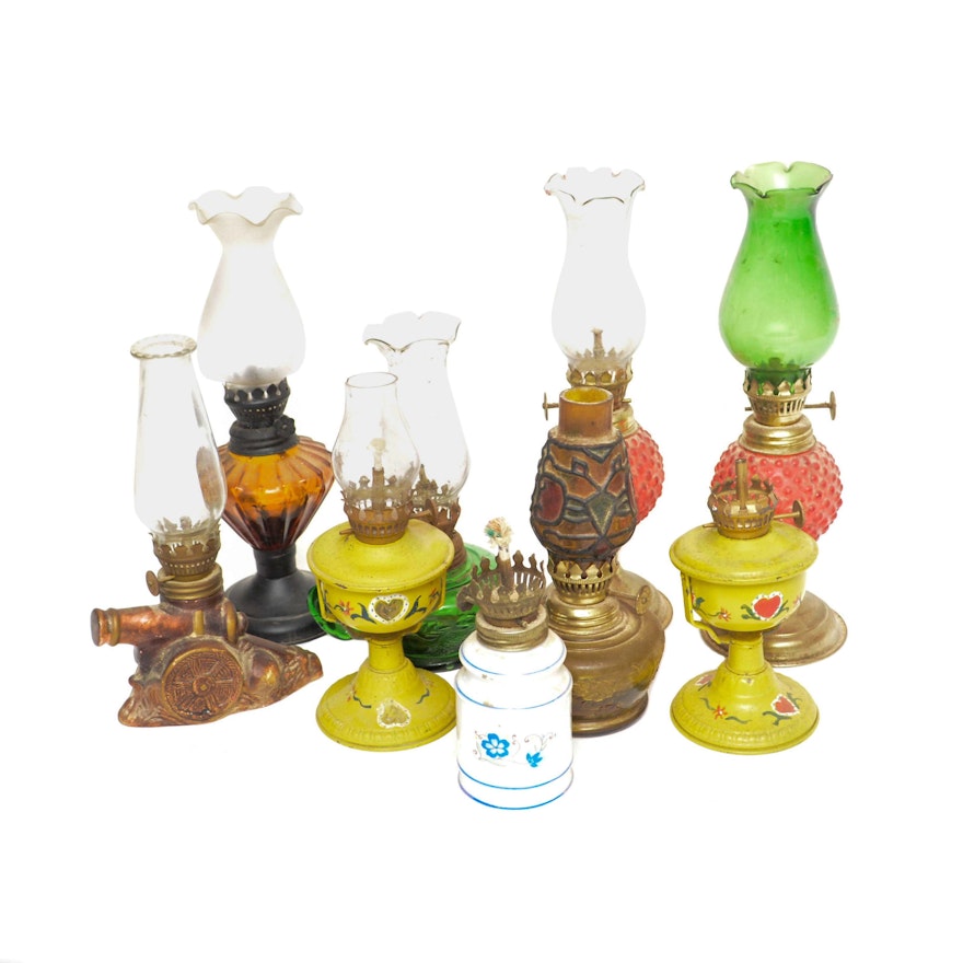 Vintage Hobnail Glass and Hand-Painted Metal Oil Lamps