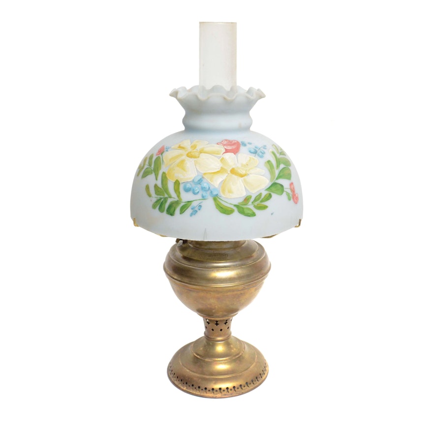 Late 19th Century New Juno Oil Lamp with Hobbyist Painted Shade