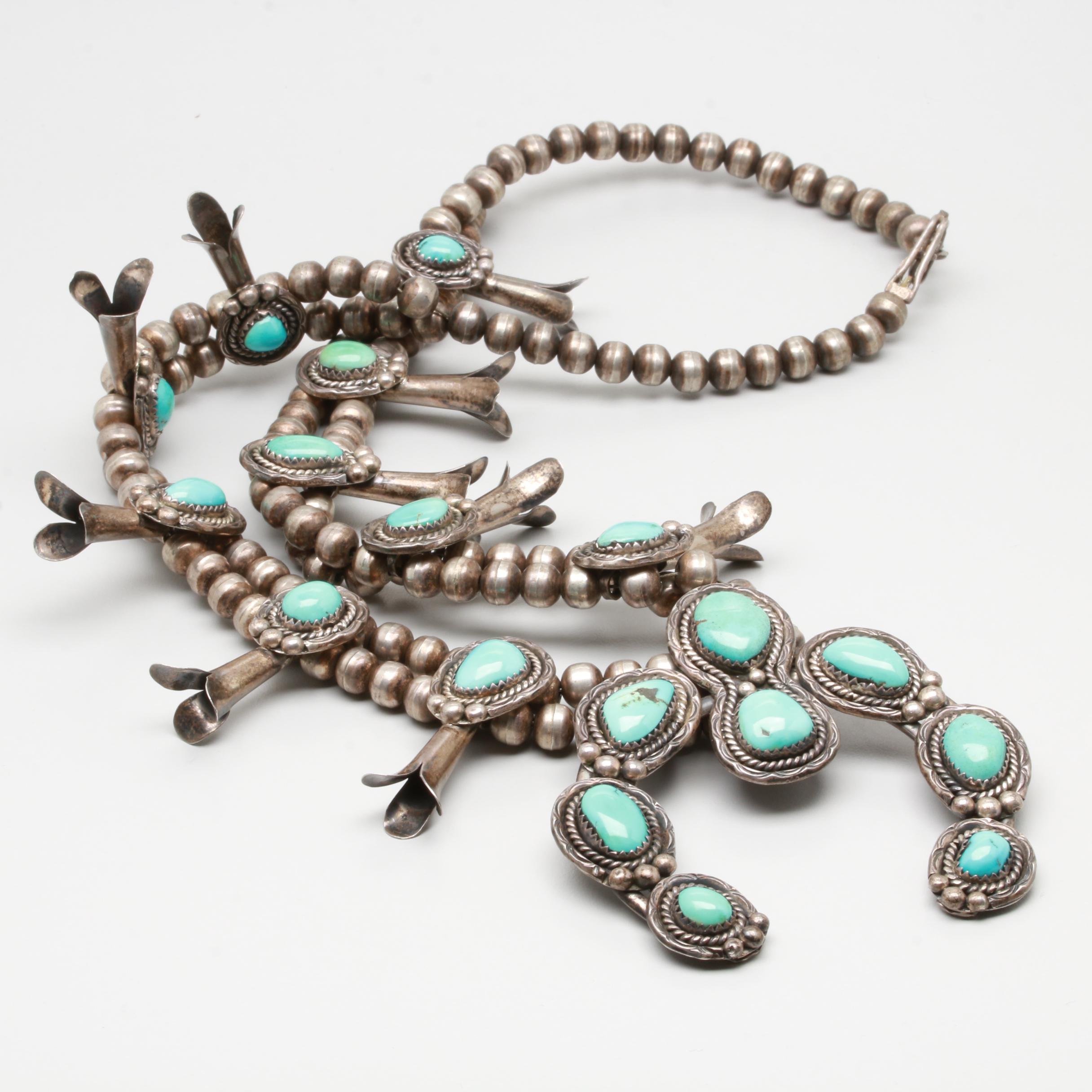 Southwestern Style Sterling Silver Turquoise Squash Blossom Necklace