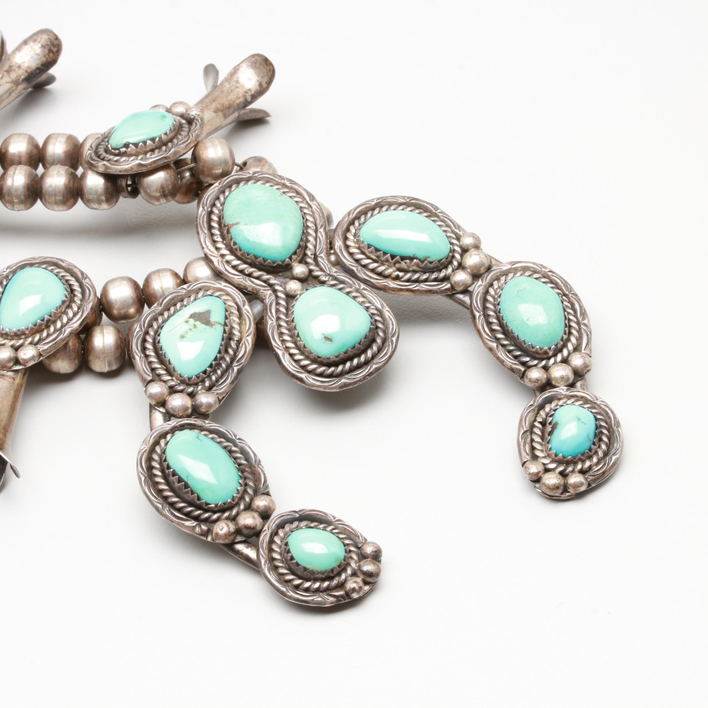 Southwestern Style Sterling Silver Turquoise Squash Blossom Necklace