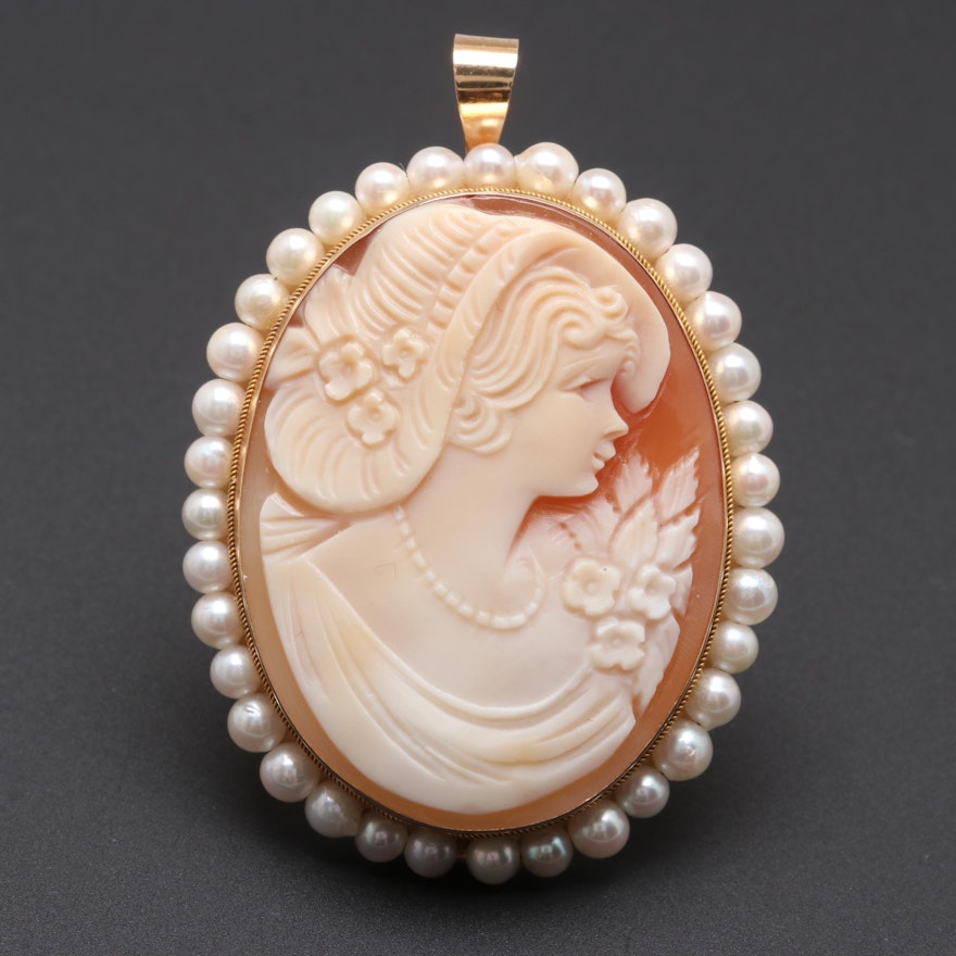 14K Yellow Gold Shell and Cultured Pearl Cameo Converter Pendant Brooch
