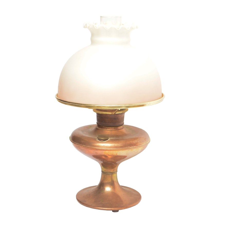 Vintage "The New Columbia" Copper Oil Lamp with Milk Glass Shade
