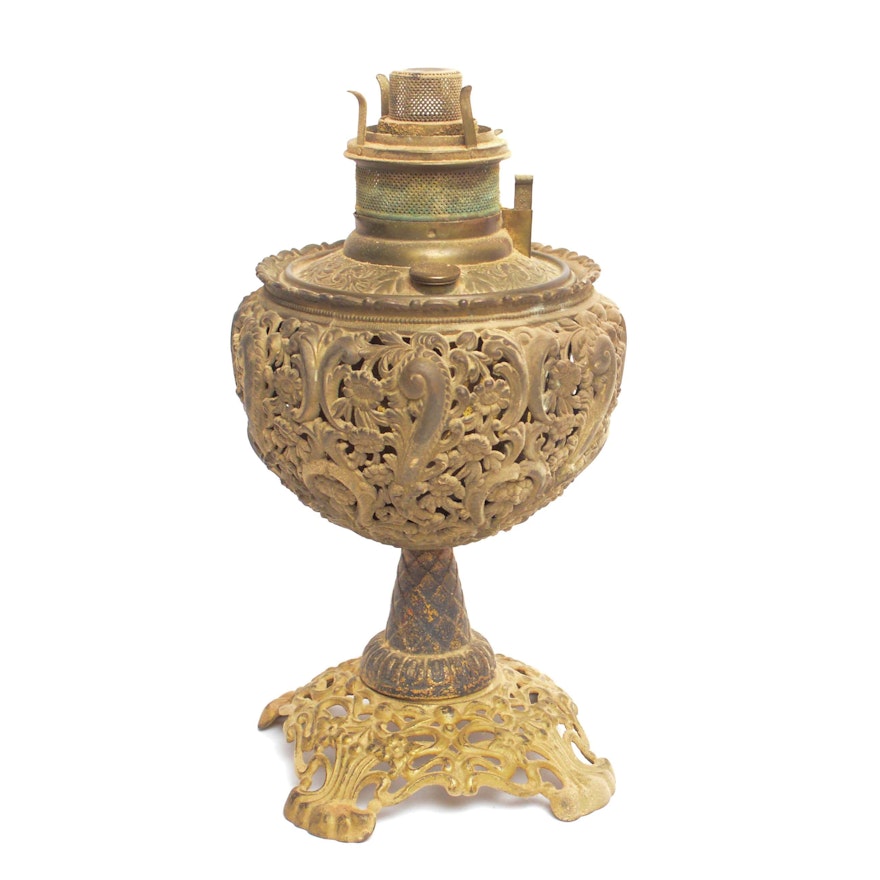 Late 19th Century Pierced Brass Oil Lamp