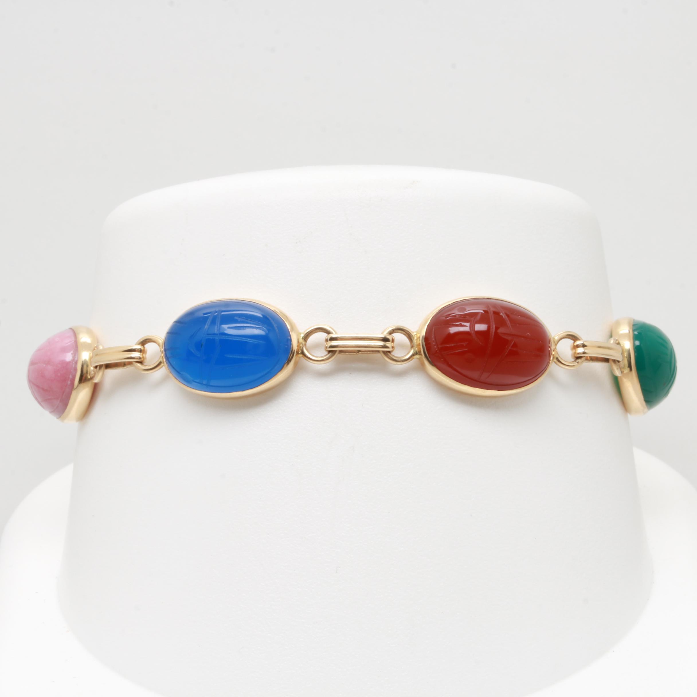14K Yellow Gold Multi-Gemstone Scarab Link Bracelet