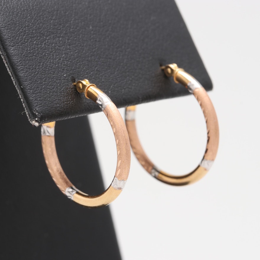 14K Yellow, Rose, and White Gold Textured Hoop Earrings