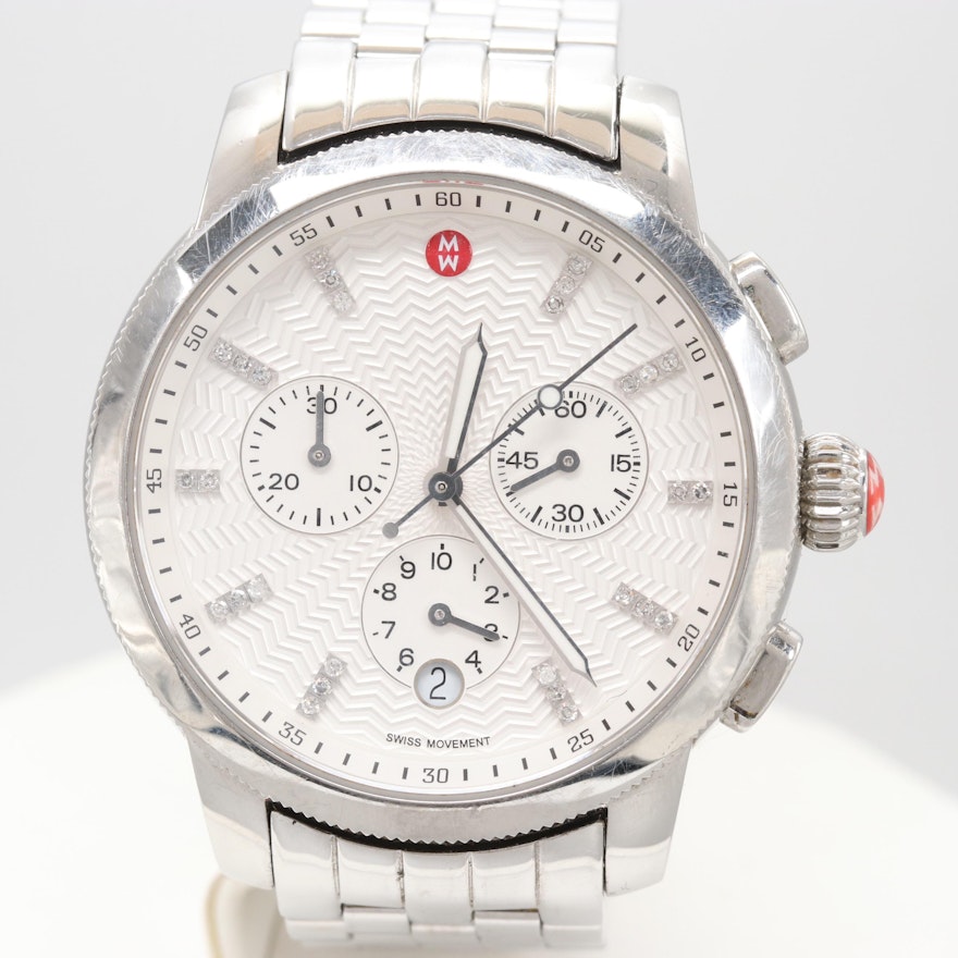 Michele Uptown Stainless Steel Diamond Chronograph Wristwatch