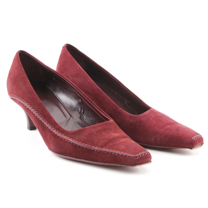 Tod's Burgundy Suede Kitten Heel Pumps