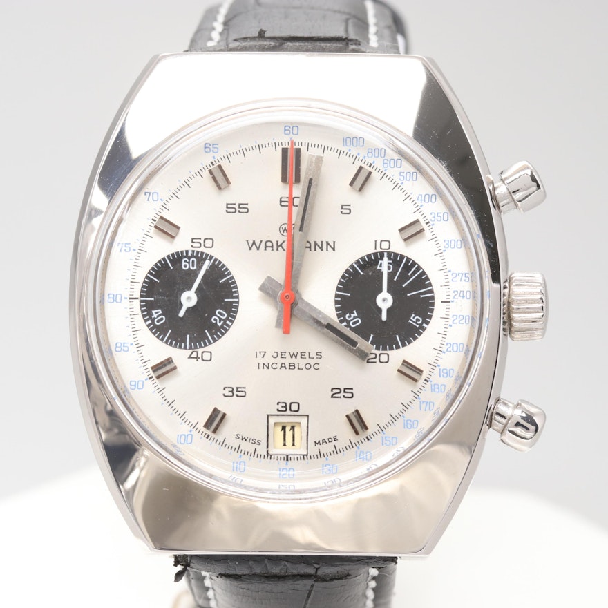 Vintage Wakmann Stem Wind Chronograph Panda Dial Wristwatch