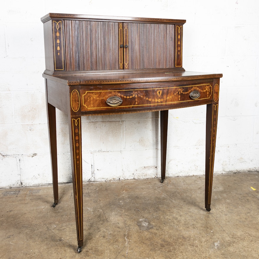 Federal Style Mahogany and Marquetry Tambour Desk, 20th Century