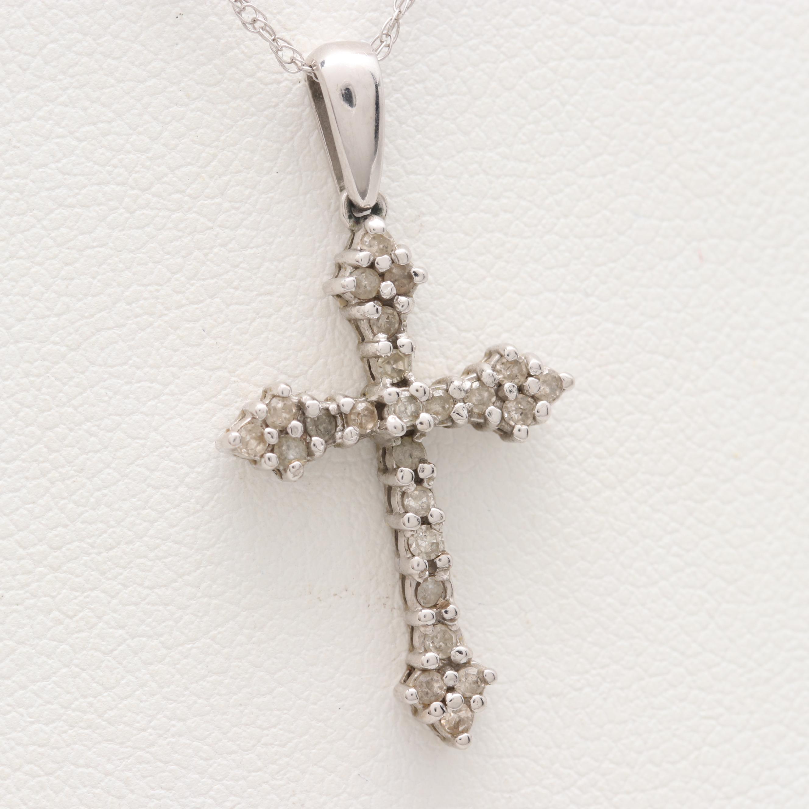 10K White Gold Diamond Cross Pendant Necklace