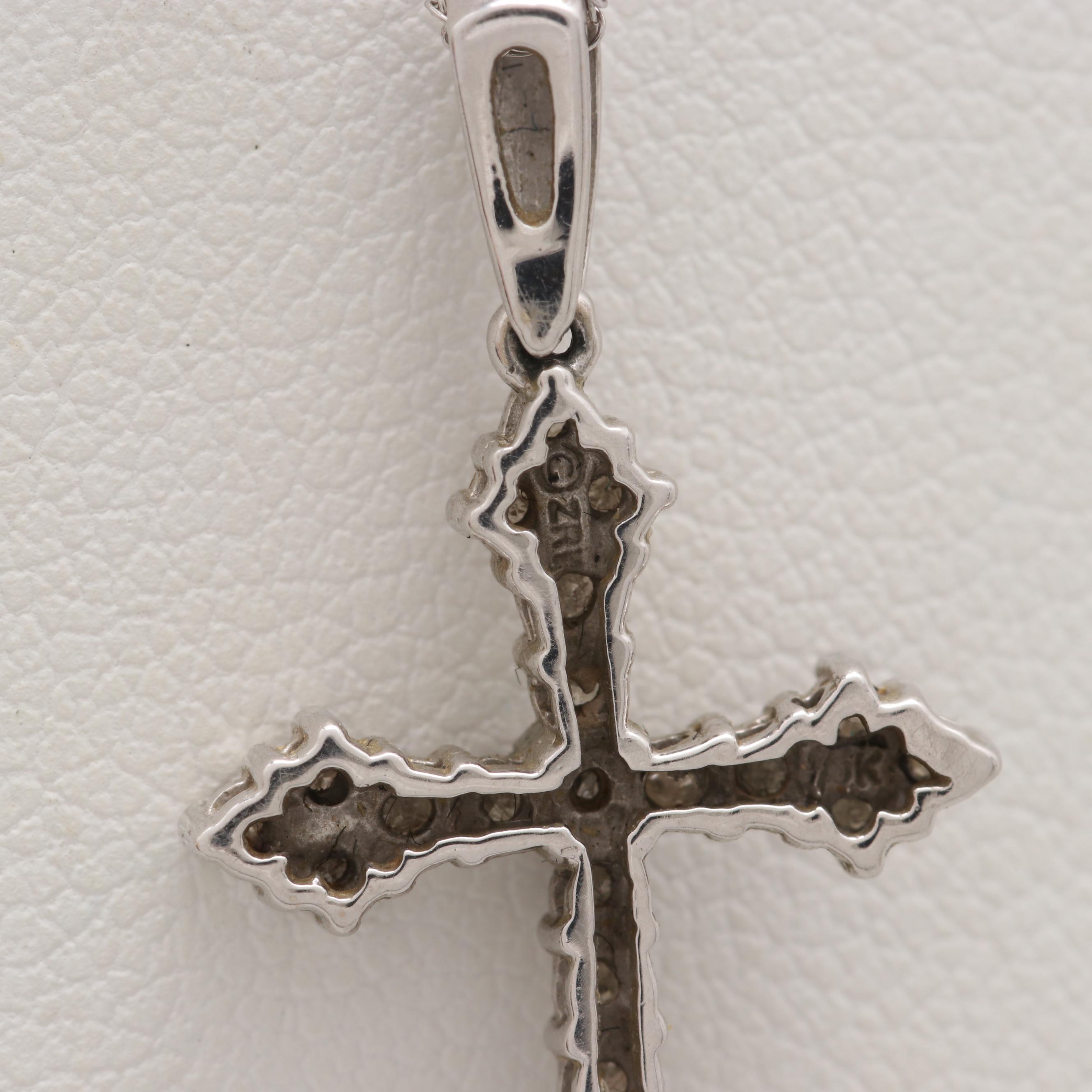 10K White Gold Diamond Cross Pendant Necklace