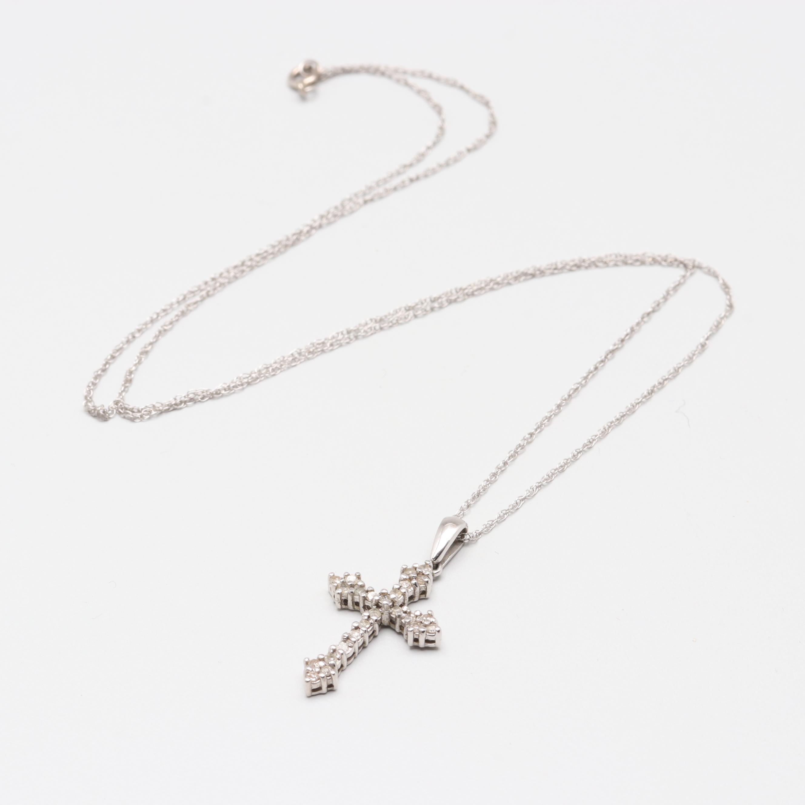 10K White Gold Diamond Cross Pendant Necklace