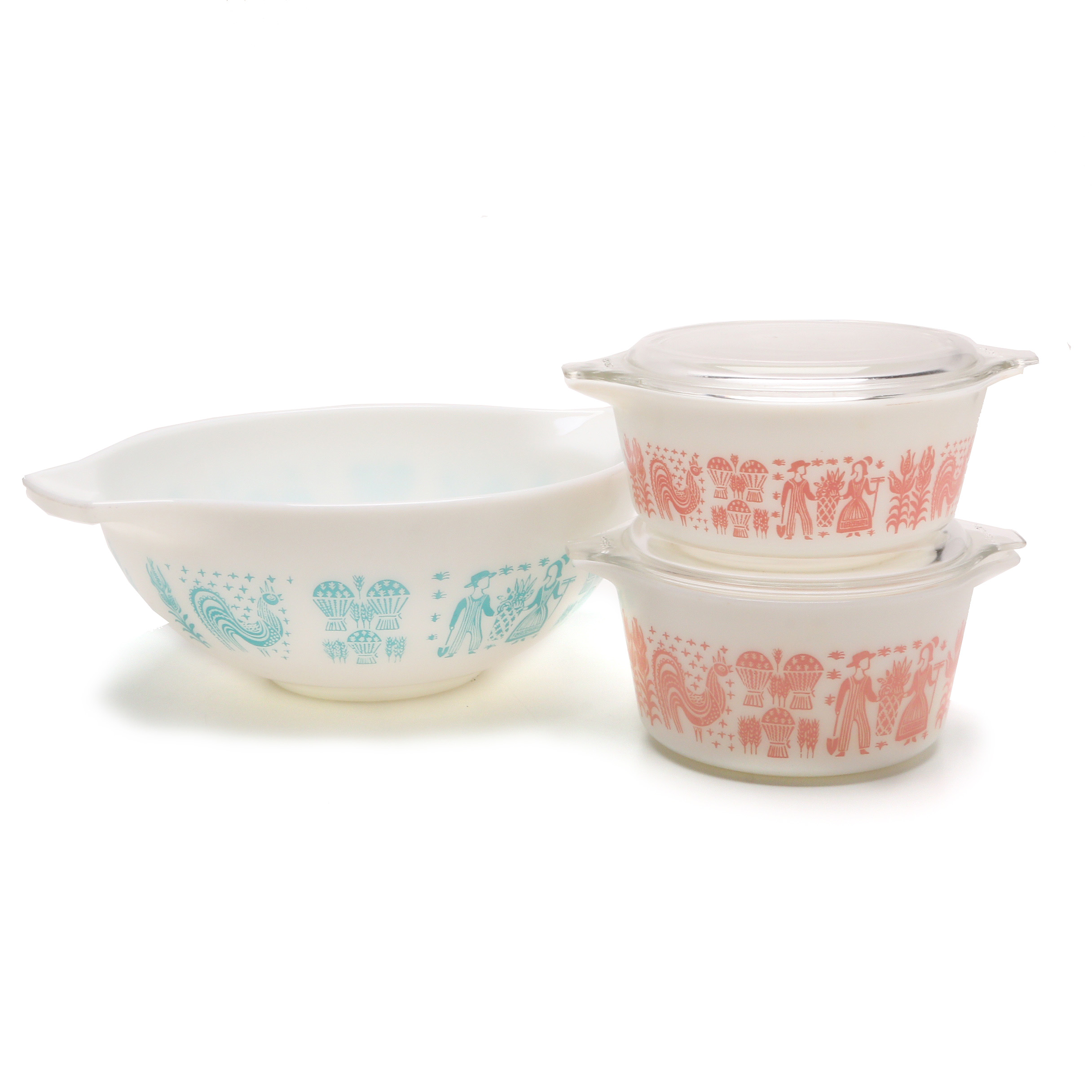 A Collection of Pyrex "Butterprint" Covered Dishes and Mixing Bowl