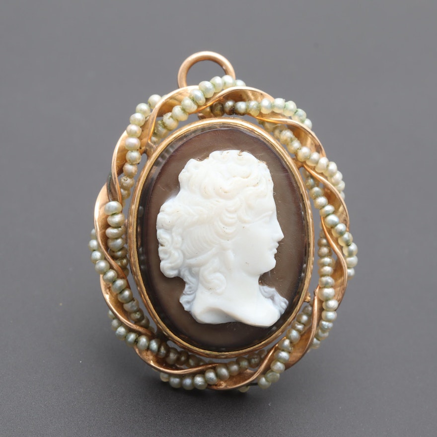 Antique 10K Yellow Gold Onyx Cameo Converter Brooch
