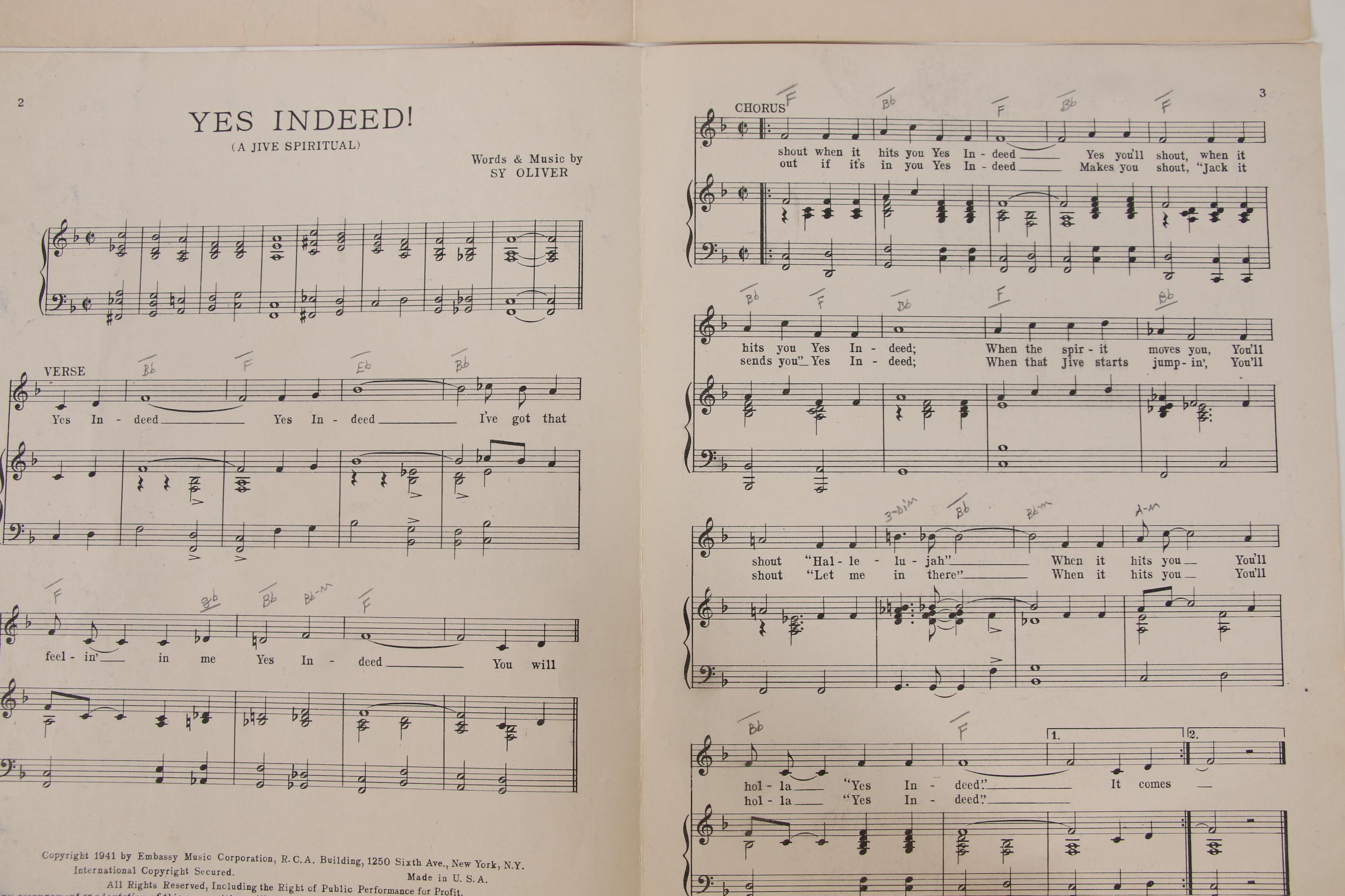 1941 "Yes Indeed!" and 1919 "He's Had No Lovin' For a Long Time" Sheet Music