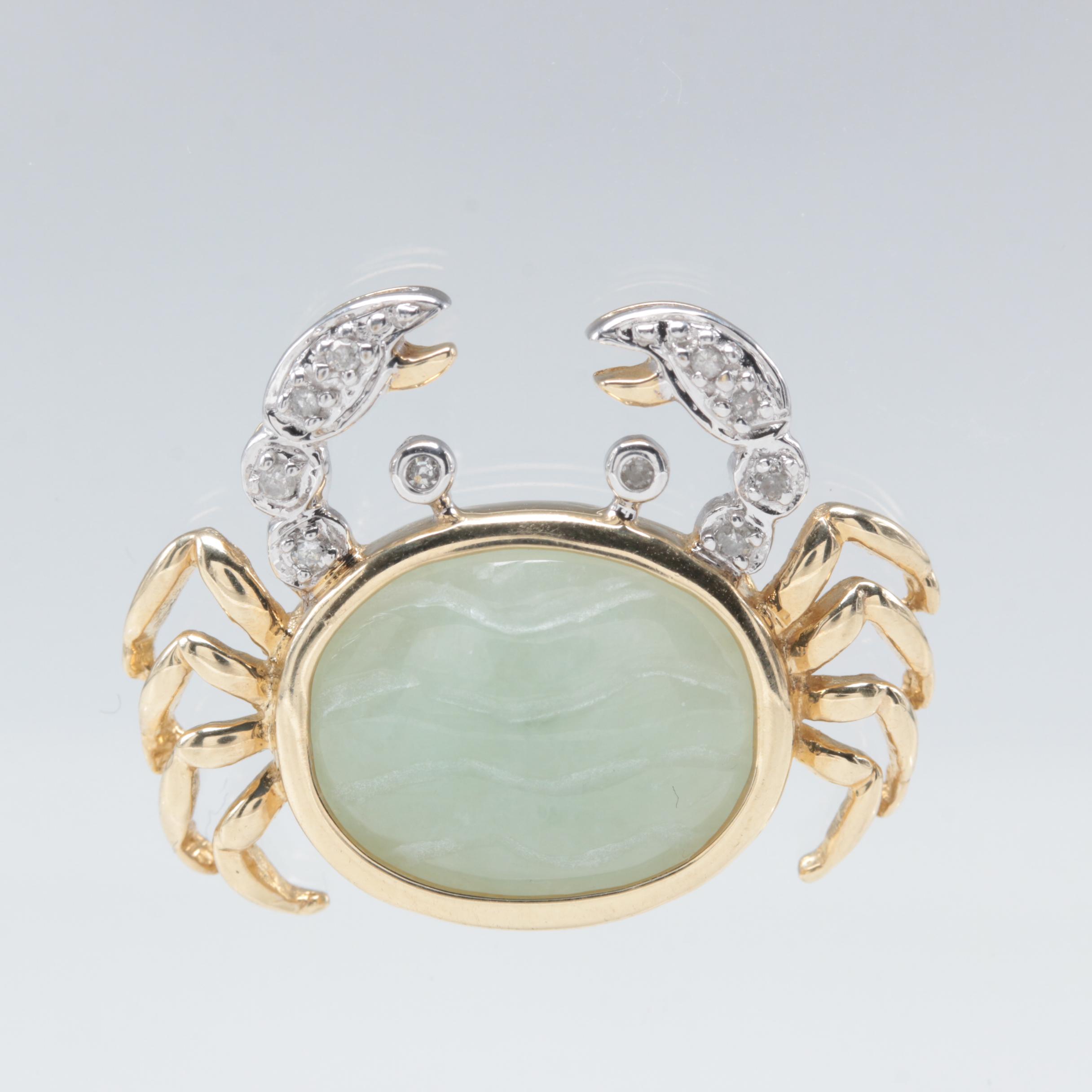 10K Yellow Gold Jadeite and Diamond Crab Pendant