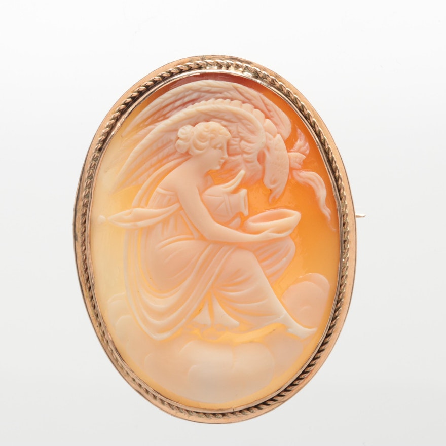 Circa Early 1900's 10K Yellow Gold Shell Cameo Brooch Depicting Hebe with Eagle