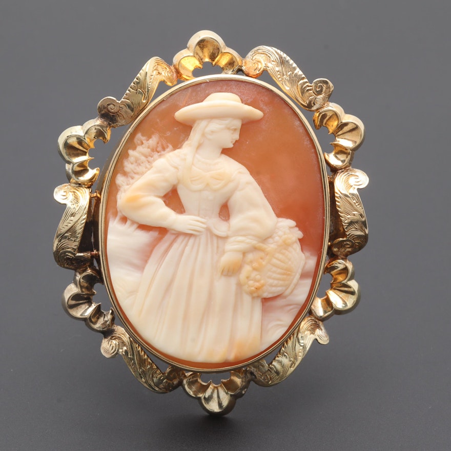 Victorian 14K Yellow Gold Shell Cameo Brooch