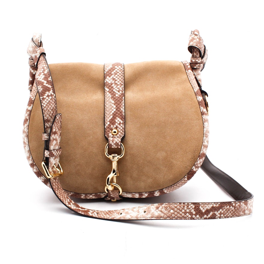MICHAEL Michael Kors Suede and Snake Embossed Leather Saddle Bag