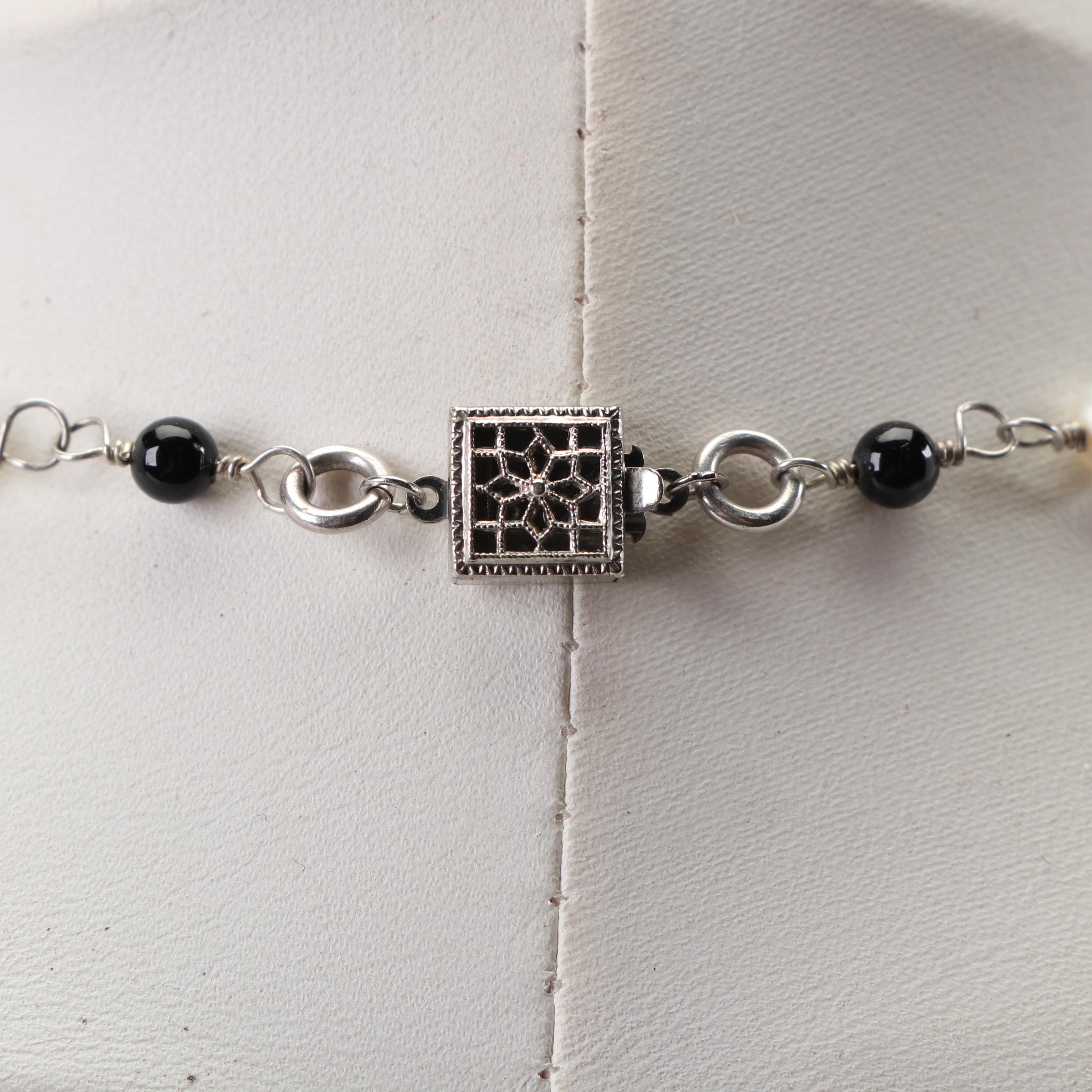 Sterling Silver Black Onyx and Freshwater Pearl Necklace