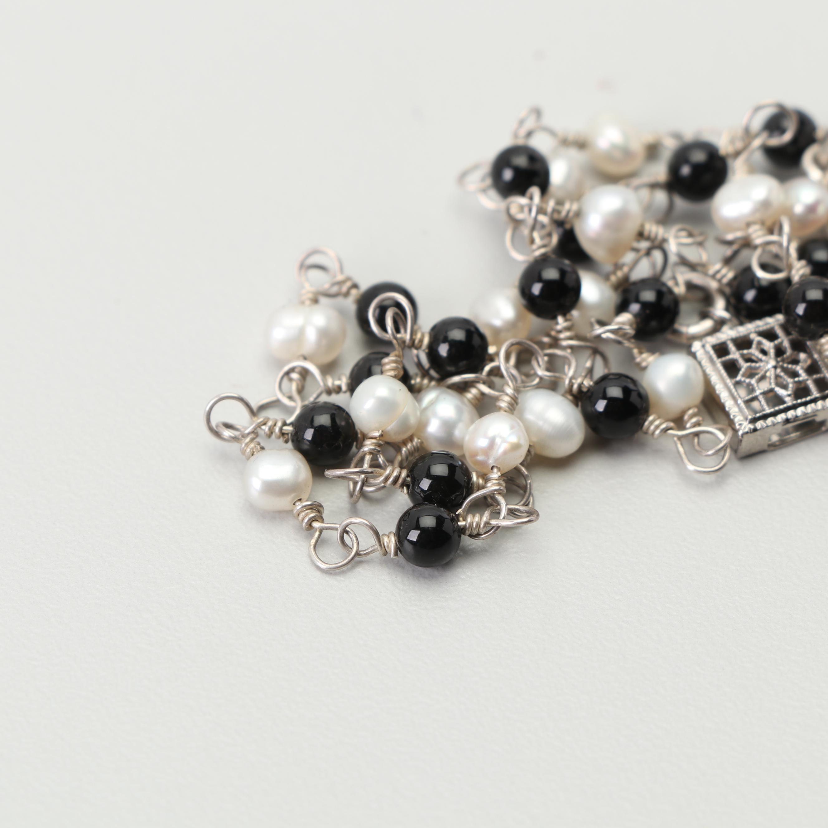 Sterling Silver Black Onyx and Freshwater Pearl Necklace
