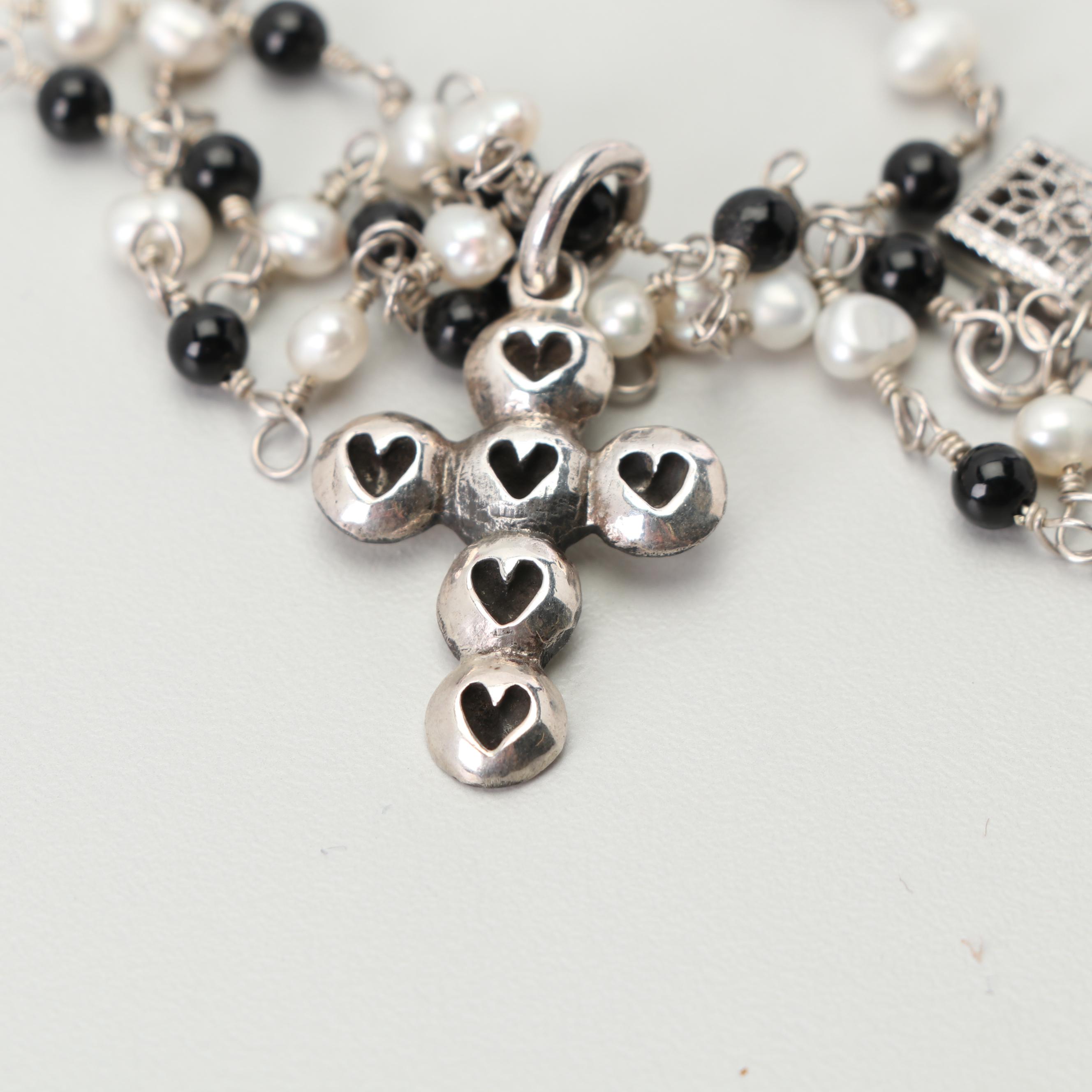 Sterling Silver Black Onyx and Freshwater Pearl Necklace