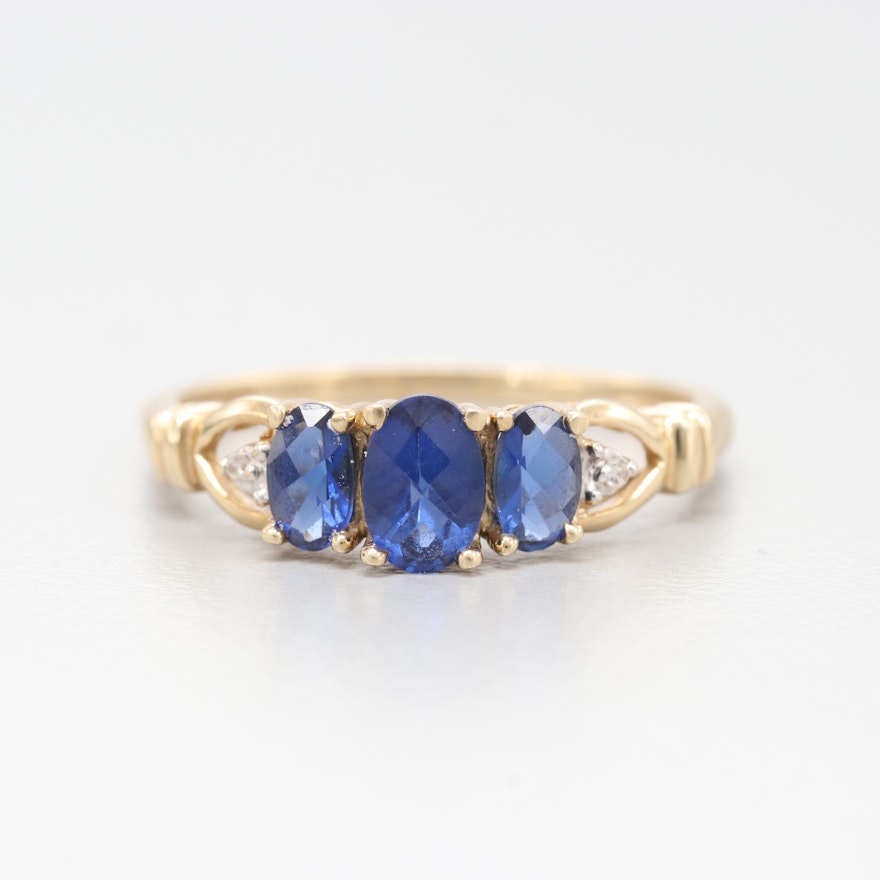 10K Yellow Gold Synthetic Sapphire and Diamond Ring