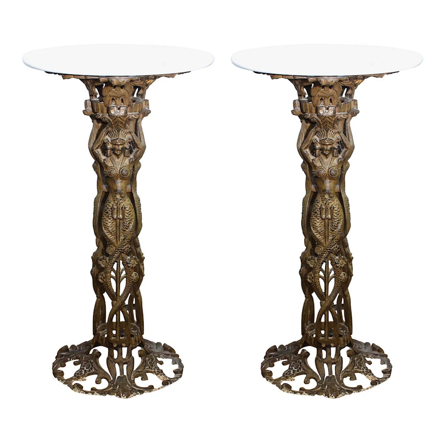 Pair of Vintage Marble and Iron Figural Round End Tables