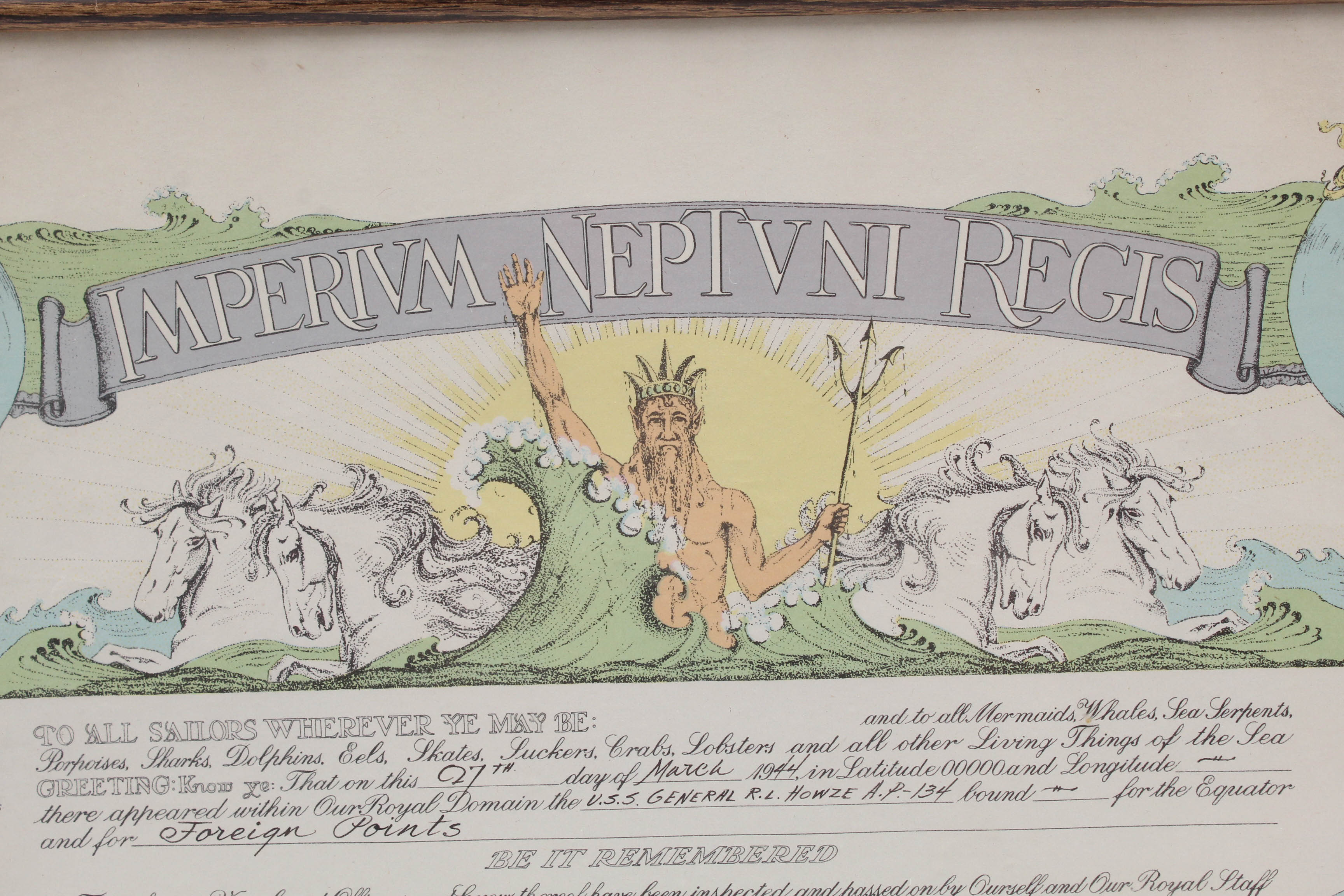 1944 U.S. Navy "Shellback" Equatorial Crossing Certificate