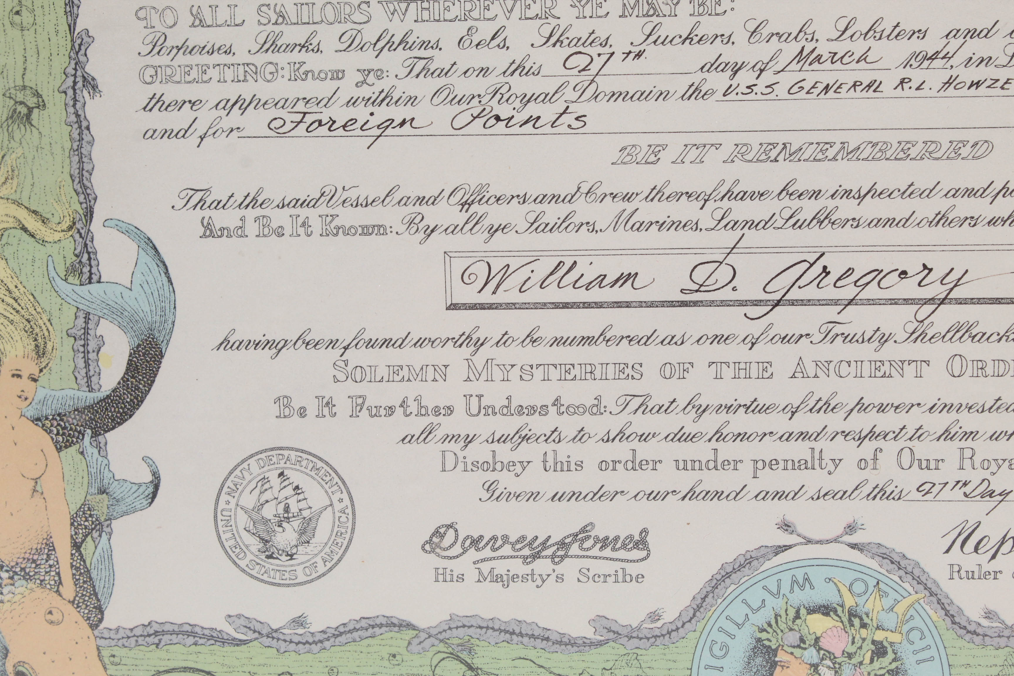 1944 U.S. Navy "Shellback" Equatorial Crossing Certificate