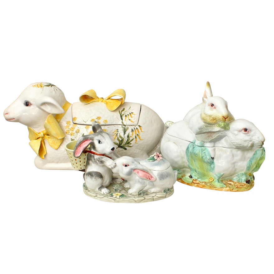 Italian Rabbits and Lamb Figural Porcelain Tureens