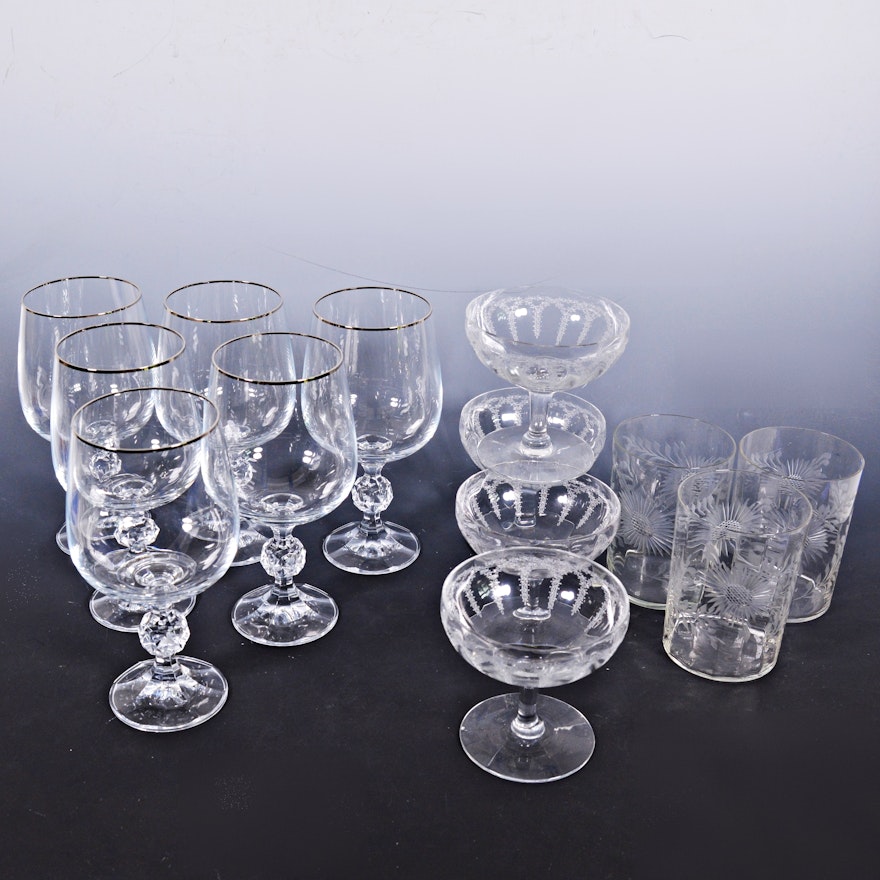 Vintage Etched Glassware with Crystal Stemware