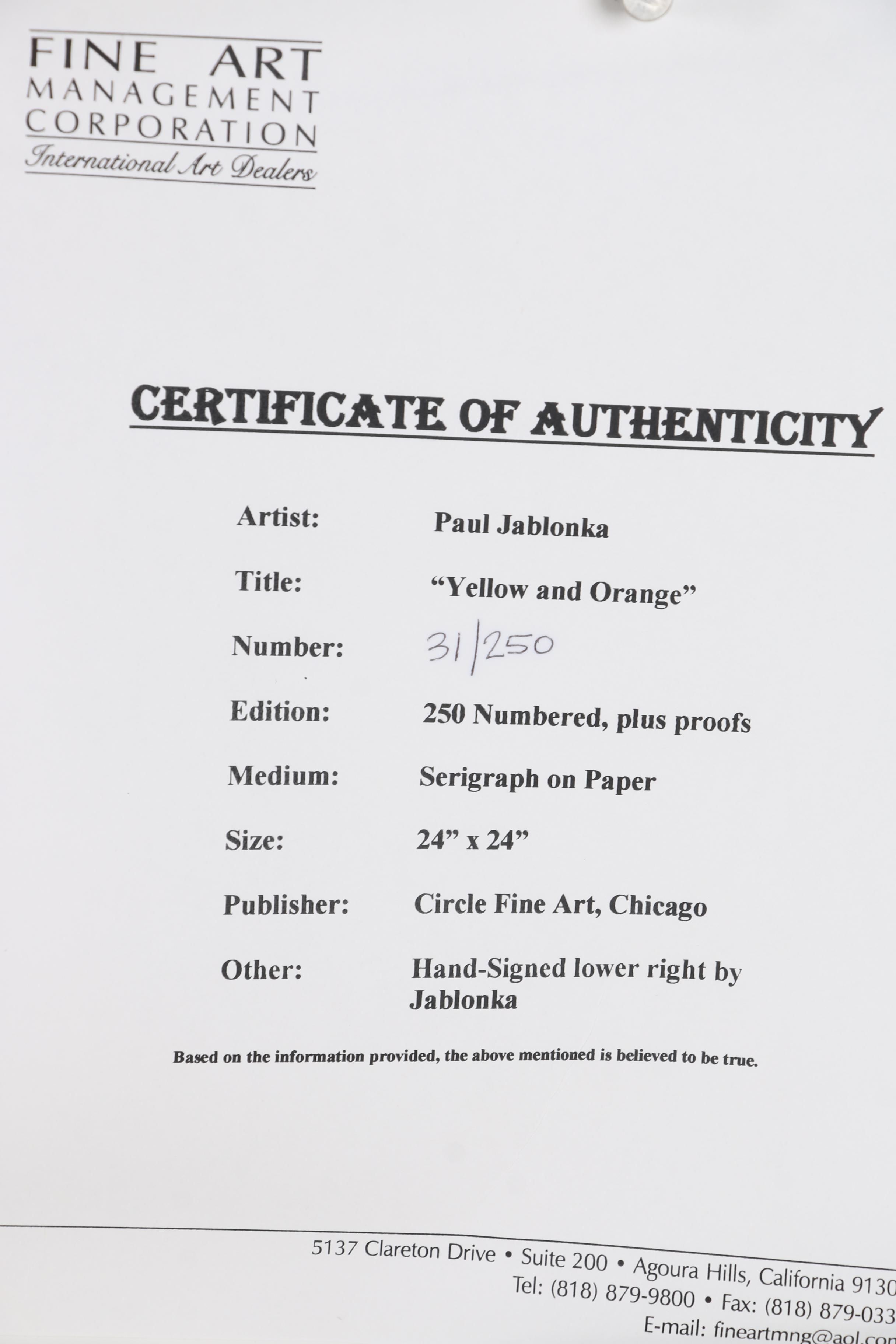 Paul Jablonka Serigraph "Yellow and Orange"