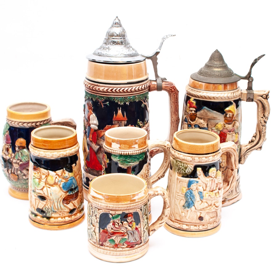 Collection of Beer Steins Including German Music Box Stein