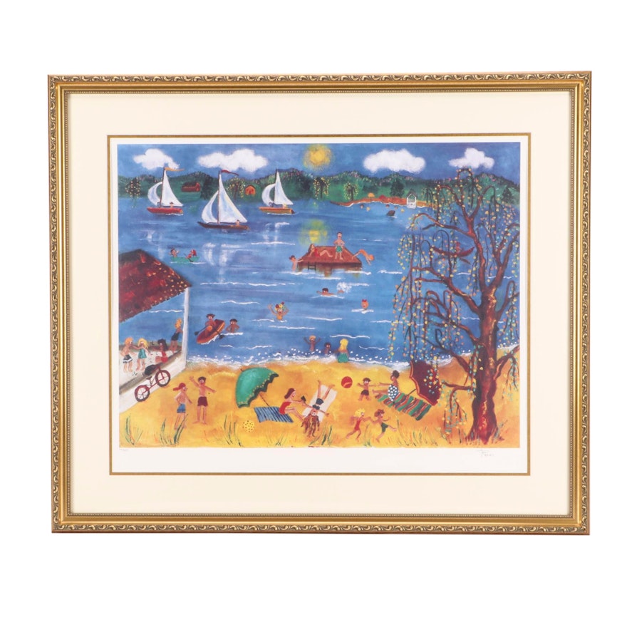 Ann Reeves Limited Edition Offset Lithograph after Naive Painting of Beach Scene