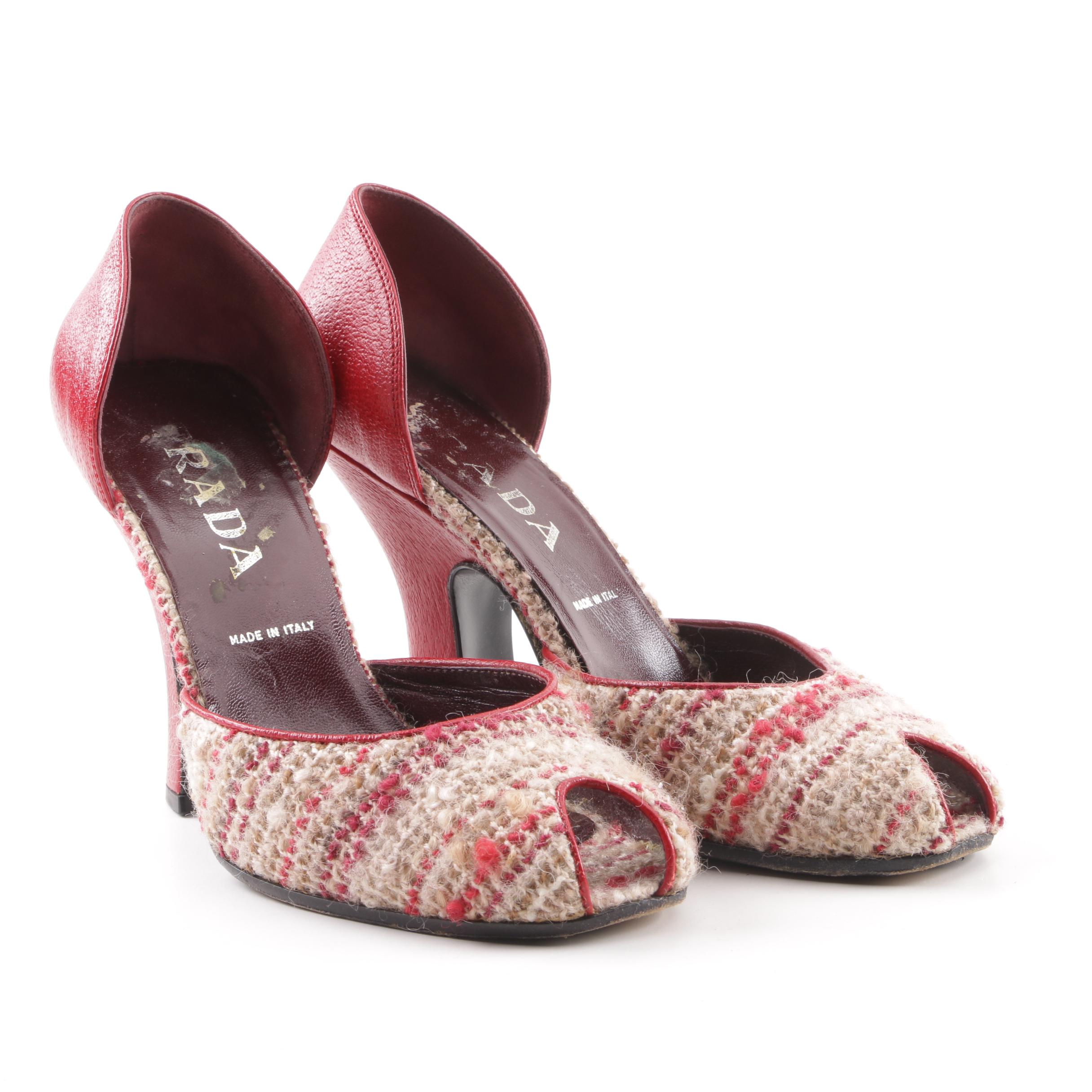 Prada Leather and Tweed Peep-Toe Pumps