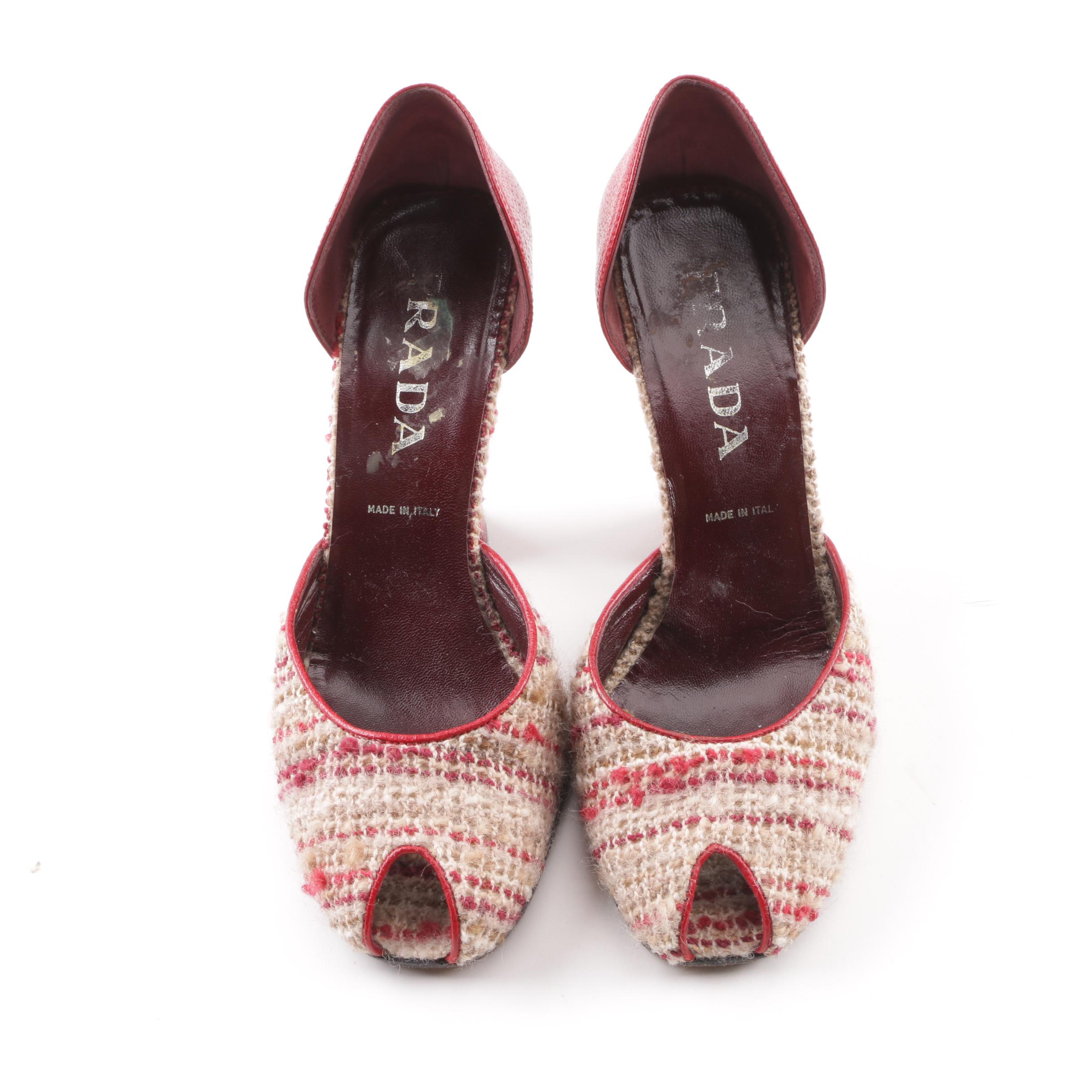 Prada Leather and Tweed Peep-Toe Pumps