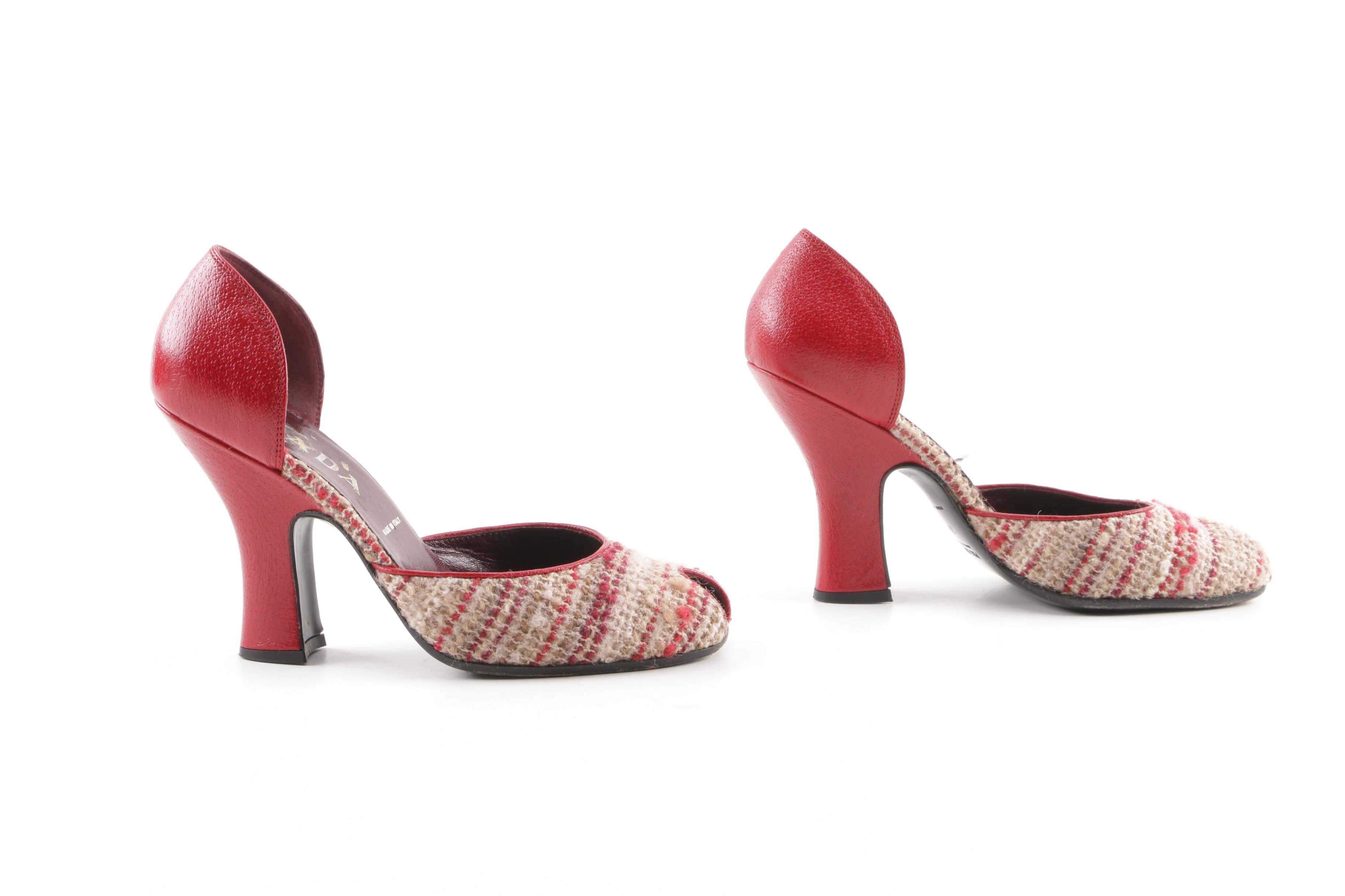 Prada Leather and Tweed Peep-Toe Pumps