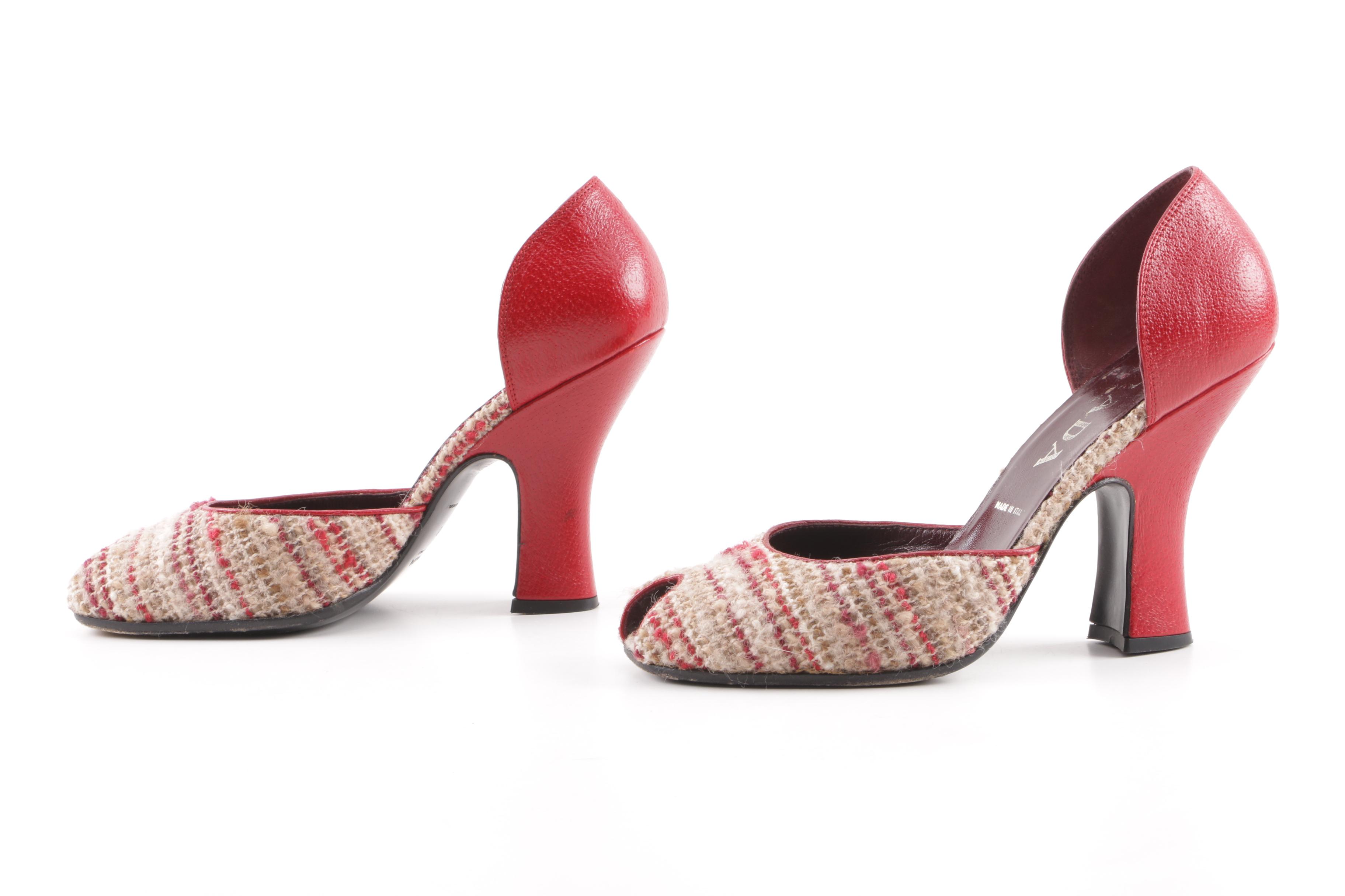 Prada Leather and Tweed Peep-Toe Pumps