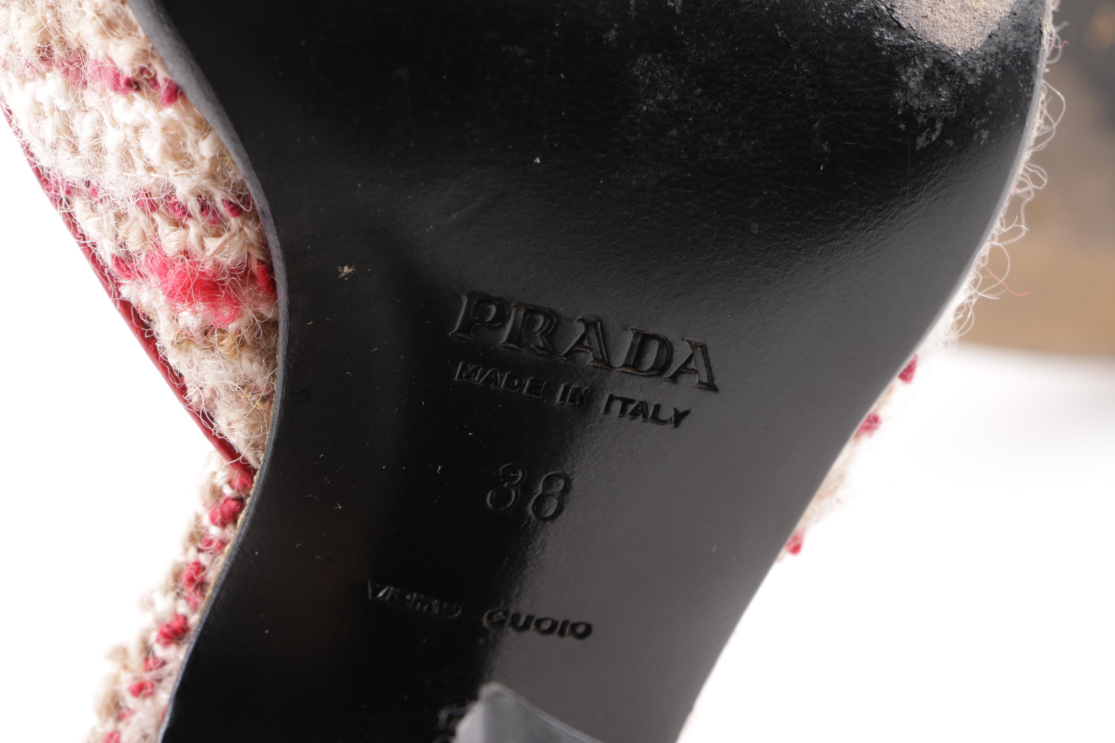 Prada Leather and Tweed Peep-Toe Pumps