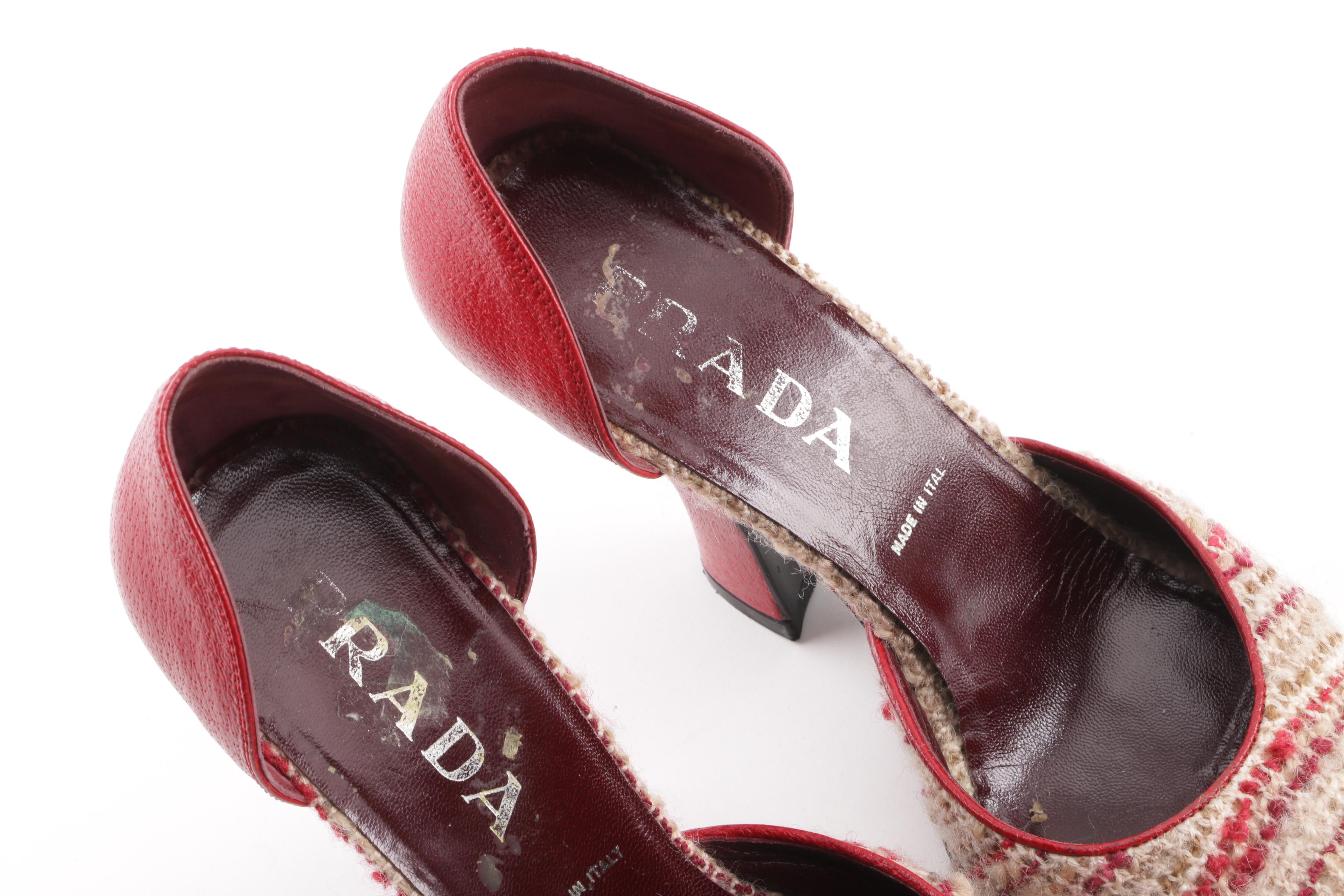 Prada Leather and Tweed Peep-Toe Pumps