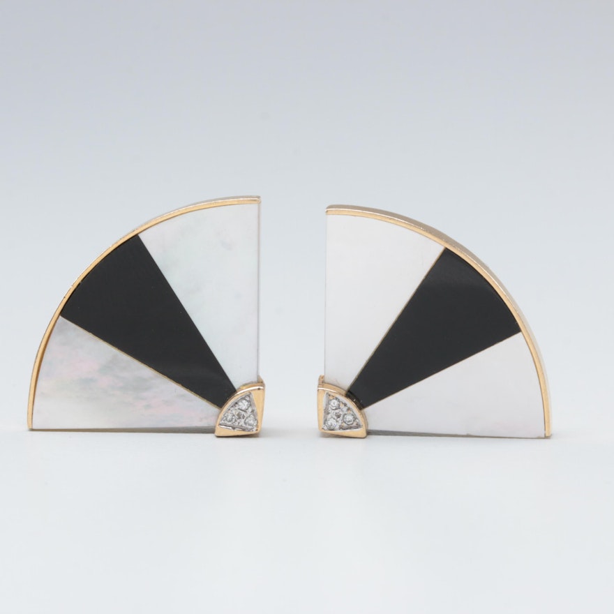 14K Yellow Gold Mother of Pearl, Black Onyx and Diamond Earrings