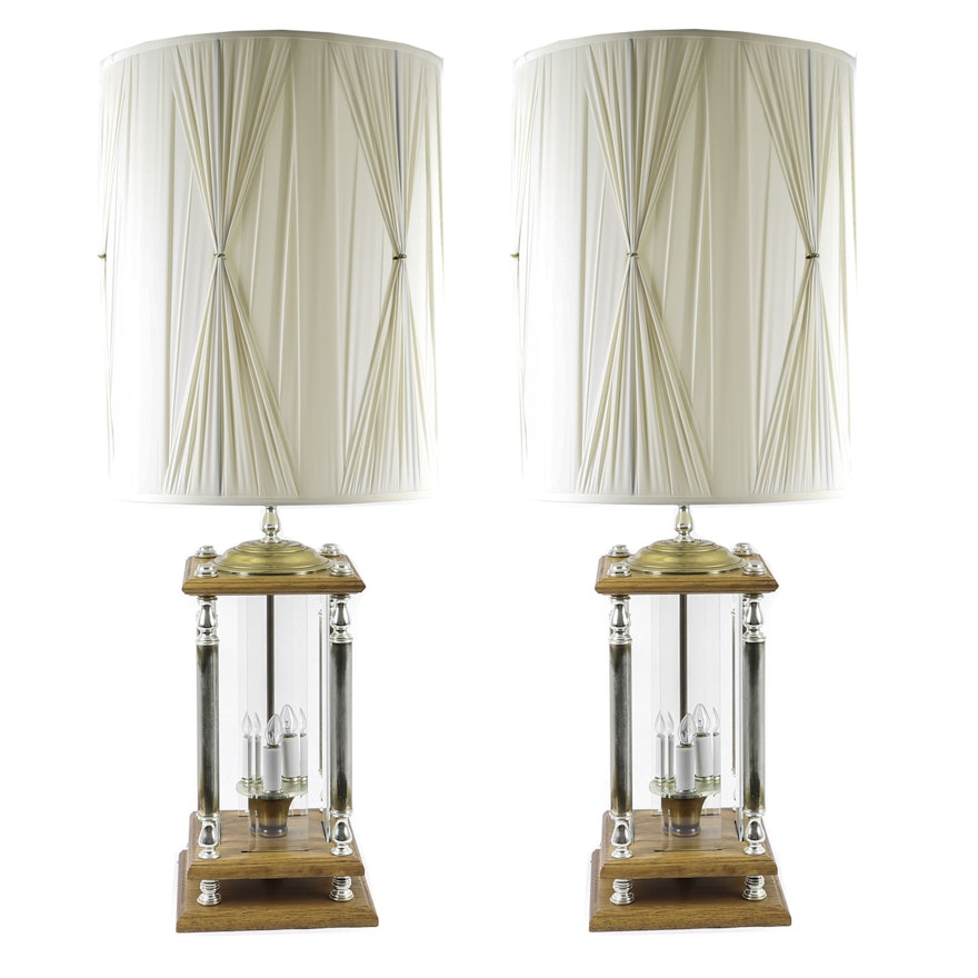 Mid Century Wood and Glass Panel Table Lamps with Decorative Shades
