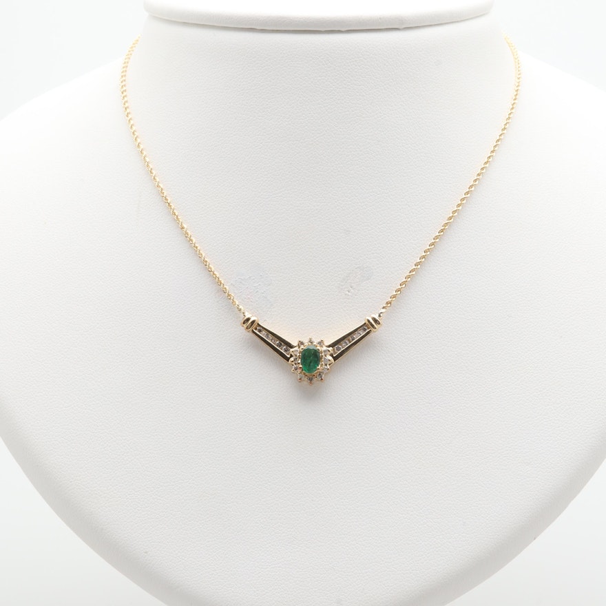 10K and 14K Yellow Gold Emerald and Diamond Necklace With Alwan Vahan Pendant