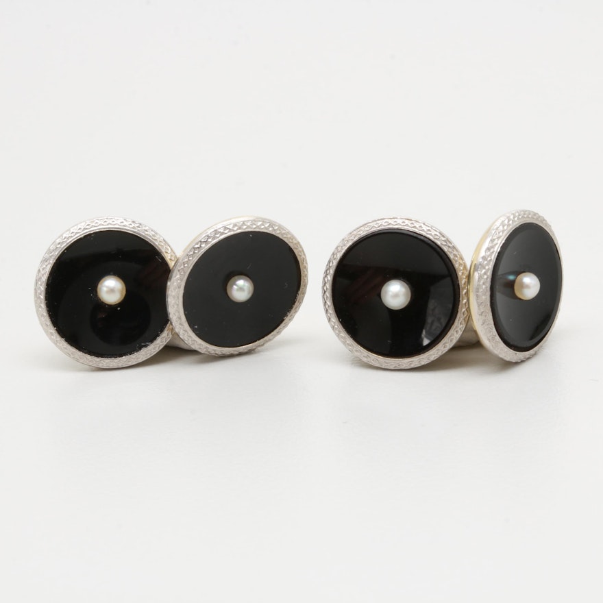 14K Yellow Gold and Platinum Onyx and Cultured Pearl Cufflinks