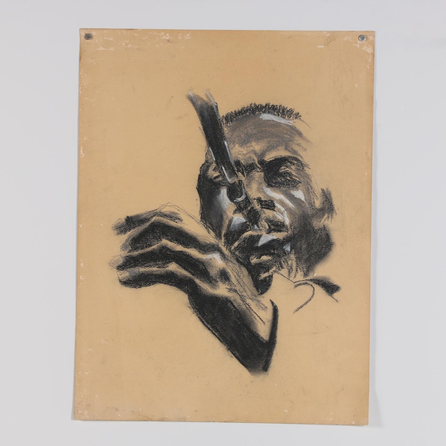 Mid 20th Century Charcoal Drawing of Jazz Musician