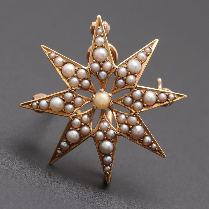 Art Nouveau 14K Yellow Gold Seed and Half Pearl Star Converter Brooch