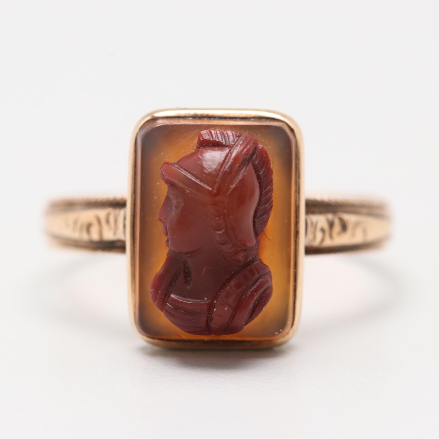 Mid-Victorian, Etruscan Revival 14K Yellow Gold Agate Cameo Ring