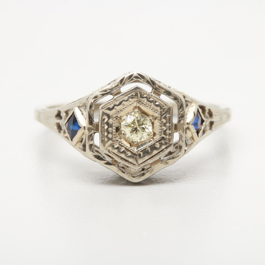 Belais Art Deco 18K White Gold Diamond and Synthetic Sapphire Filigree Ring