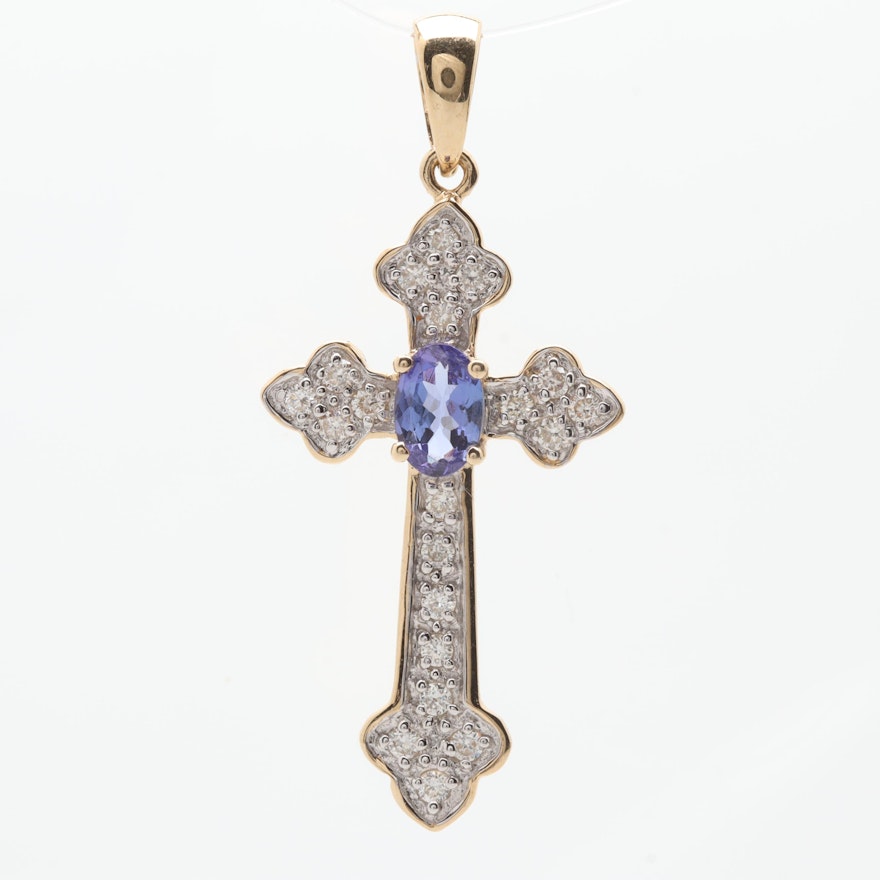 LeVian 14K Yellow Gold Tanzanite and Diamond Cross Pendant